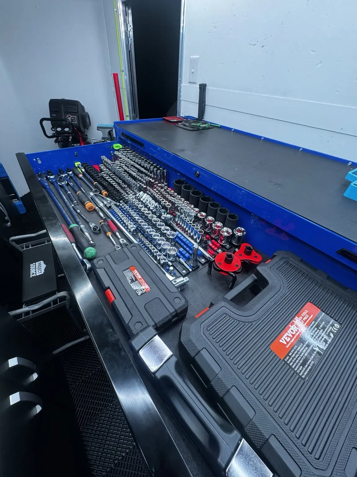 Organized sockets, ratchets, and service tools in the mobile powersports trailer